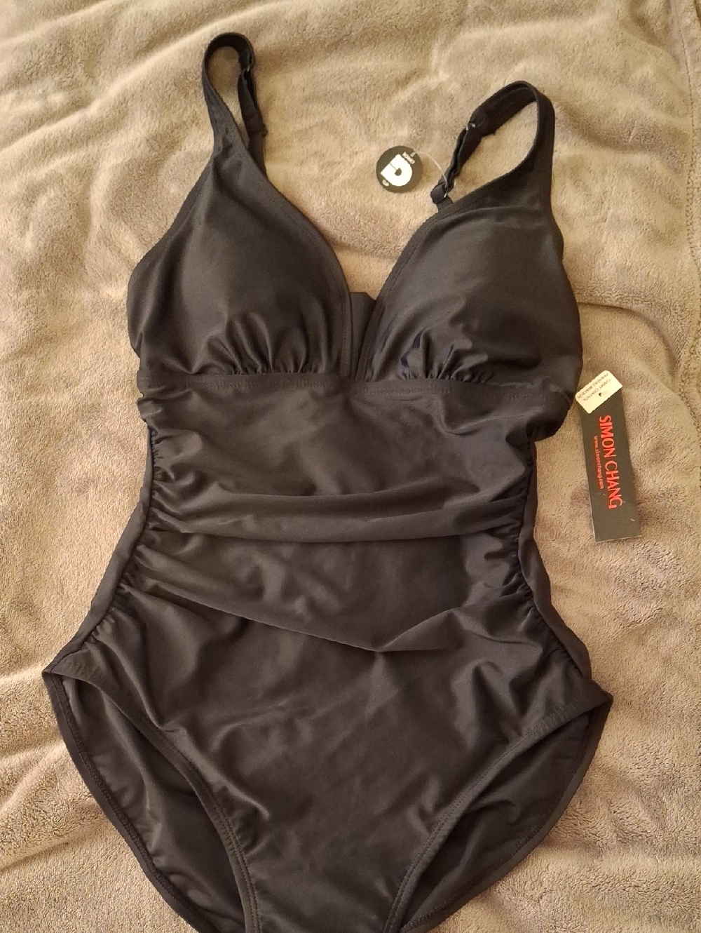 Simon Chang Solid Black Ruched One-Piece Swimsuit